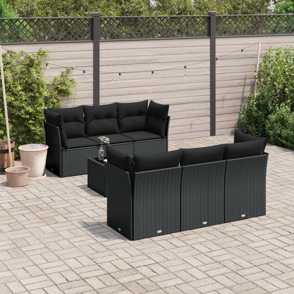 7-delige Loungeset met kussens poly rattan zwart – afbeelding 1