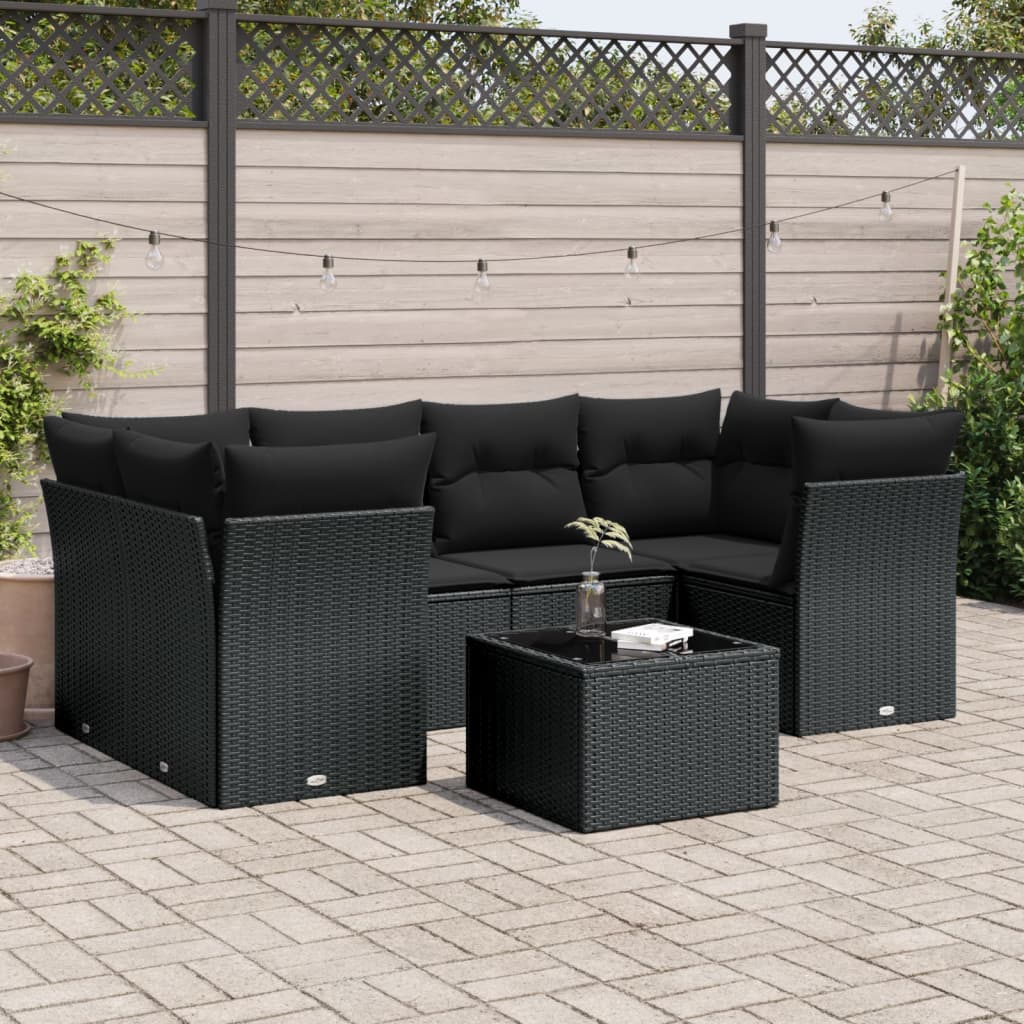 7-delige Loungeset met kussens poly rattan zwart – afbeelding 1