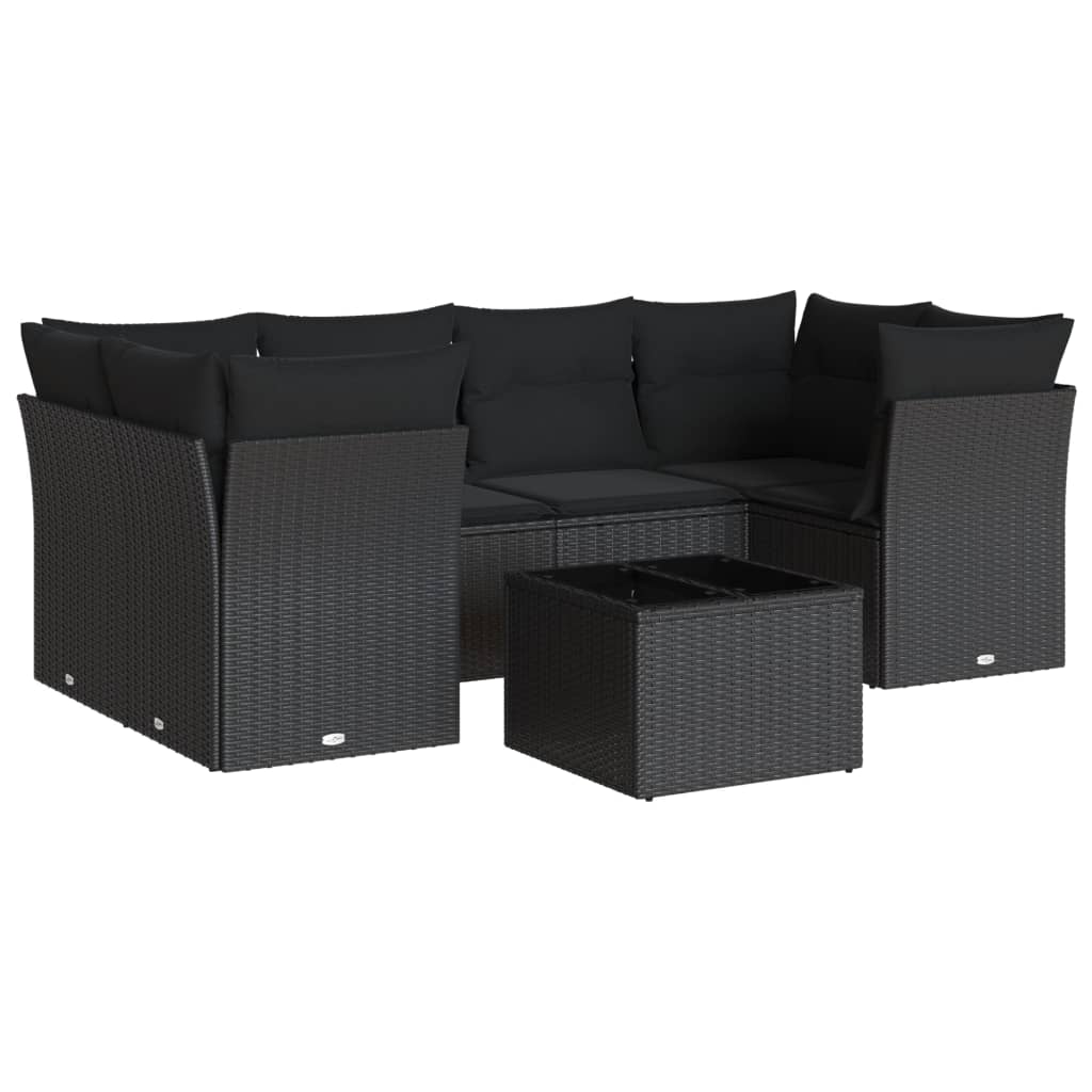 7-delige Loungeset met kussens poly rattan zwart – afbeelding 2