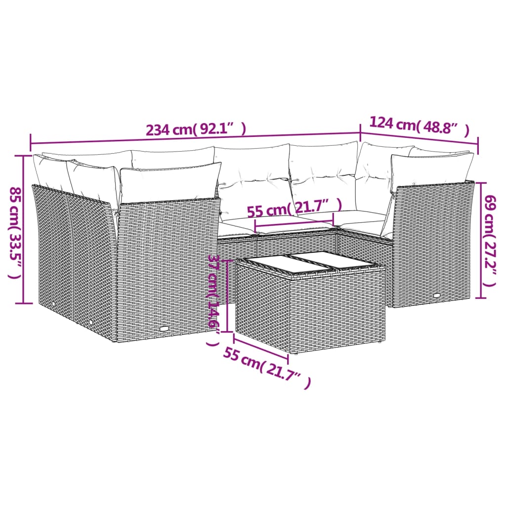 7-delige Loungeset met kussens poly rattan zwart – afbeelding 3