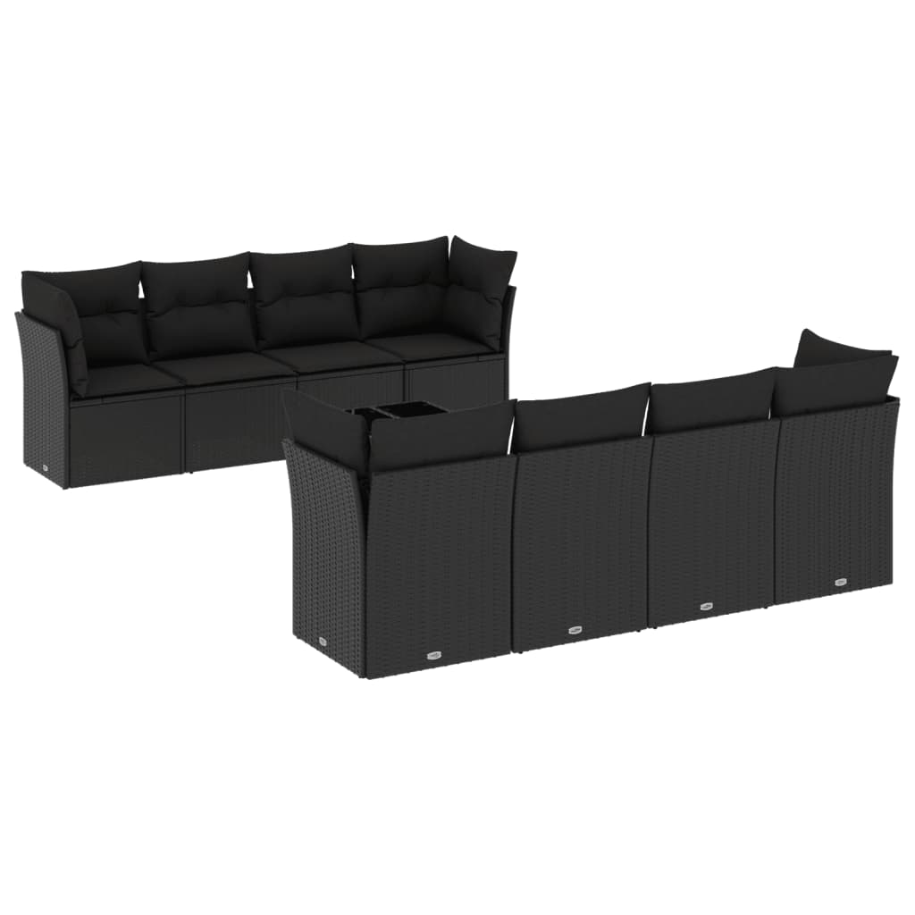 9-delige Loungeset met kussens poly rattan zwart – afbeelding 2