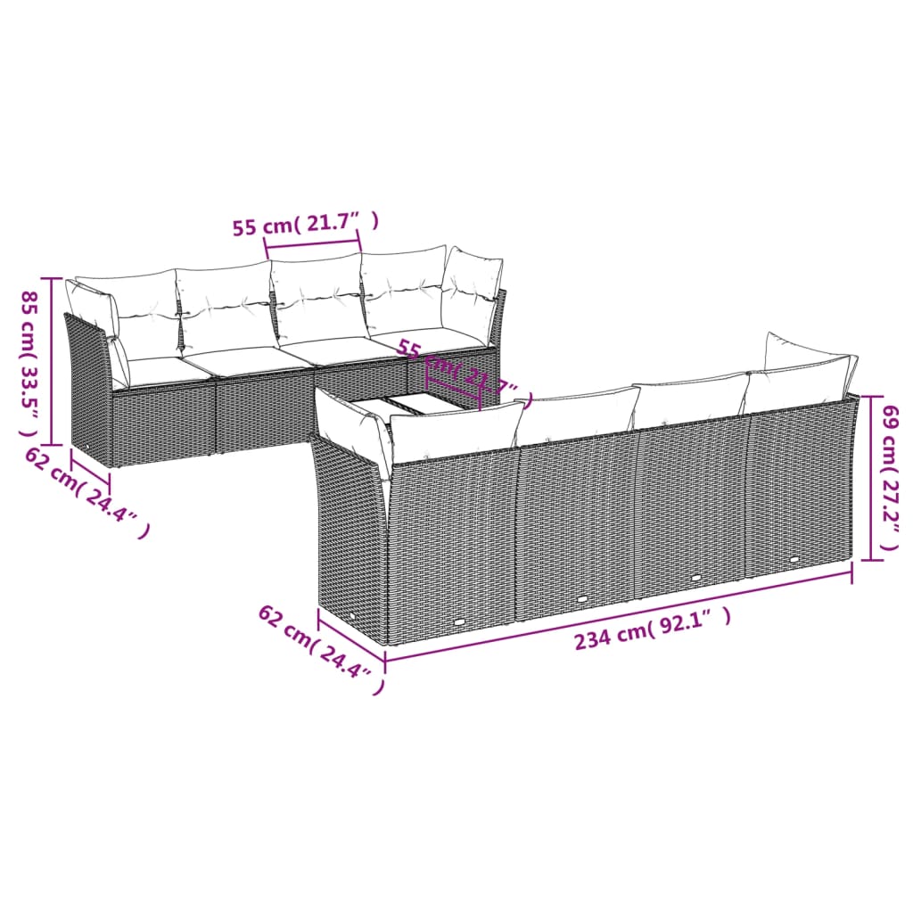 9-delige Loungeset met kussens poly rattan zwart – afbeelding 3