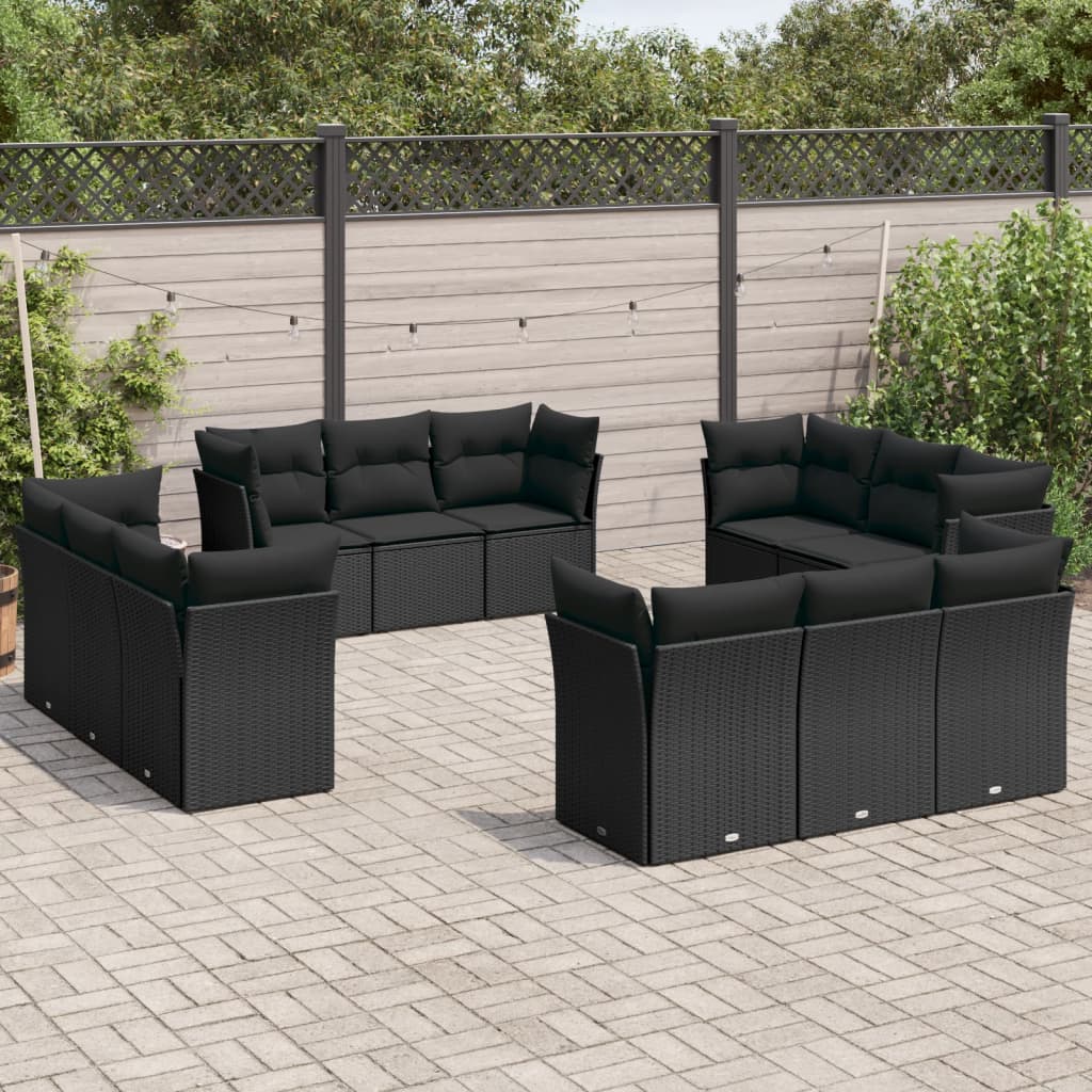 12-delige Loungeset met kussens poly rattan zwart – afbeelding 1