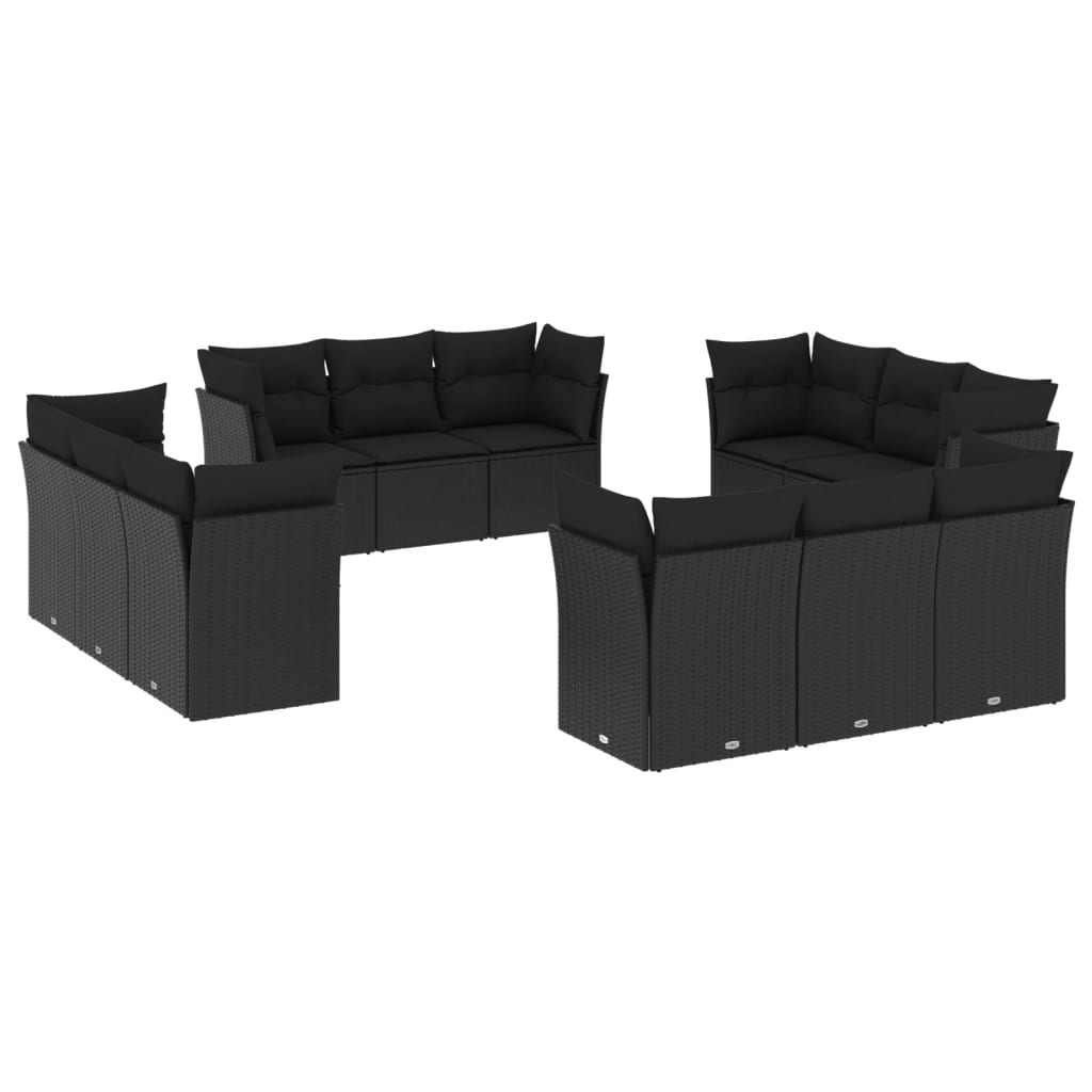 12-delige Loungeset met kussens poly rattan zwart – afbeelding 2