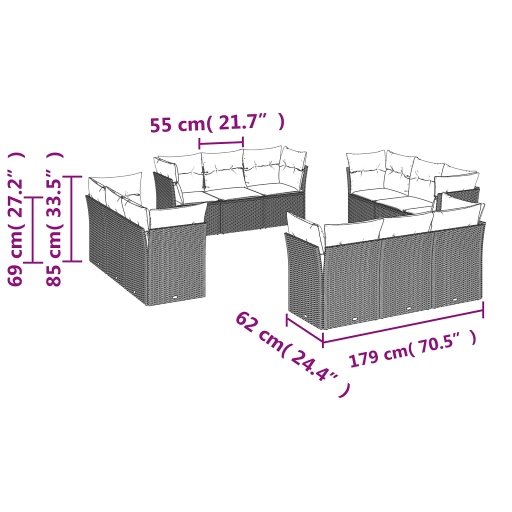 12-delige Loungeset met kussens poly rattan zwart – afbeelding 3