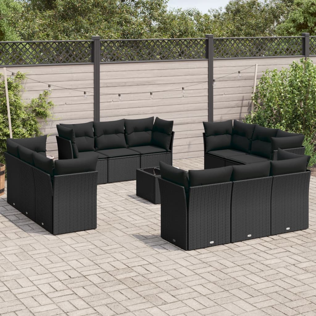 13-delige Loungeset met kussens poly rattan zwart – afbeelding 1