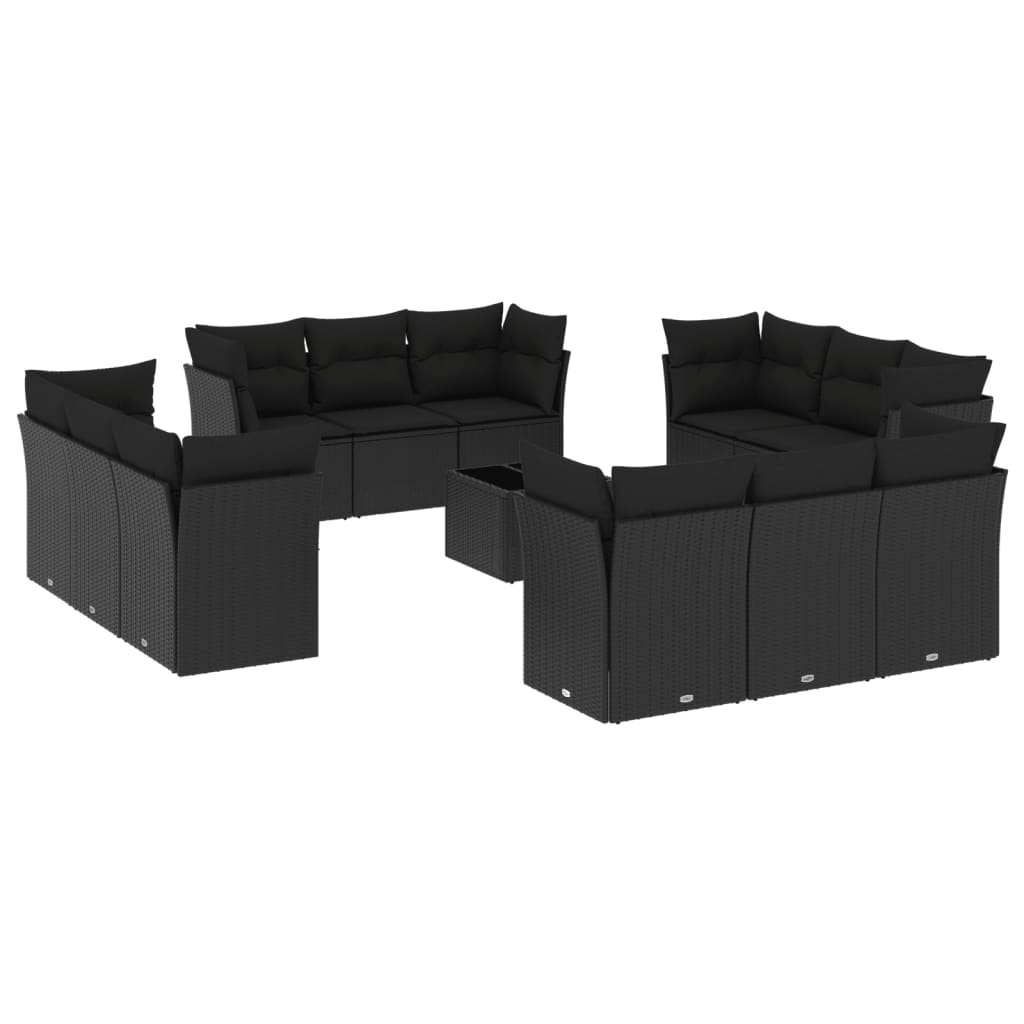 13-delige Loungeset met kussens poly rattan zwart – afbeelding 2