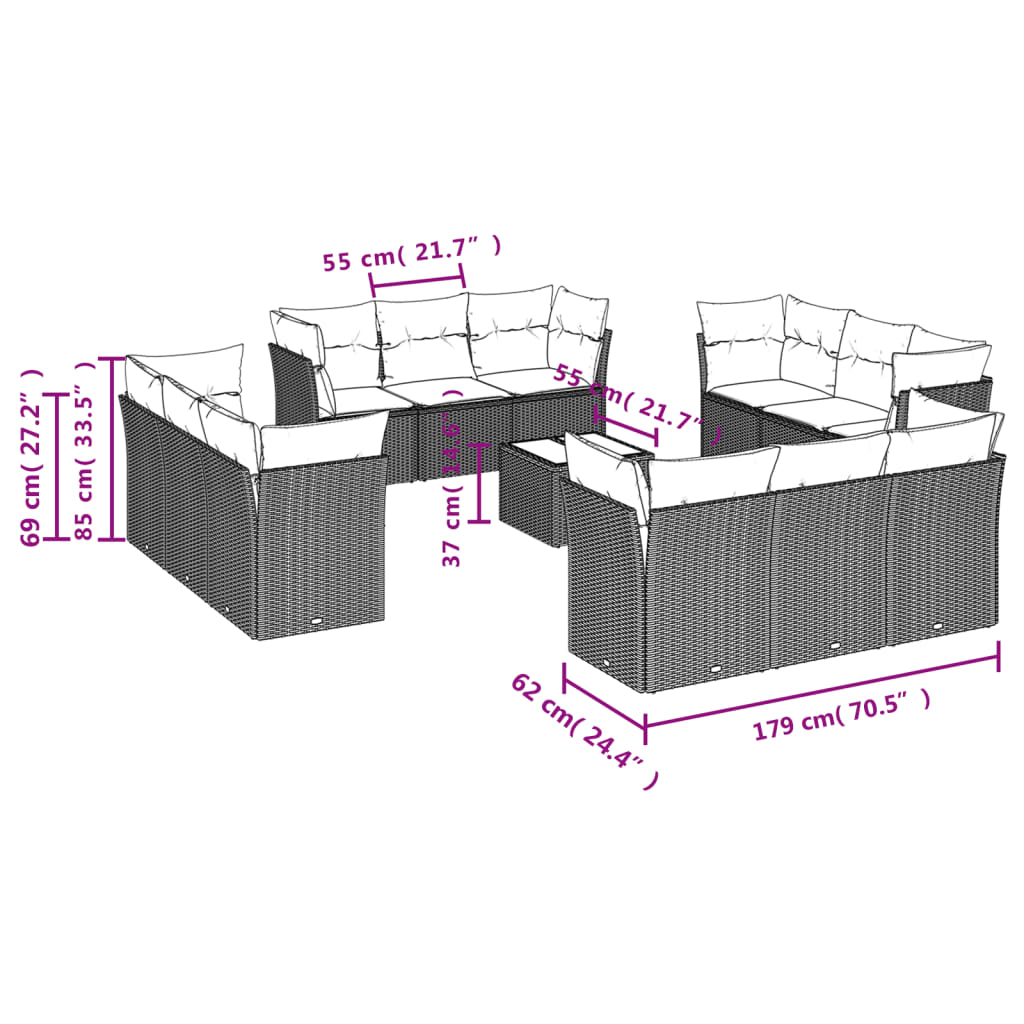13-delige Loungeset met kussens poly rattan zwart – afbeelding 3