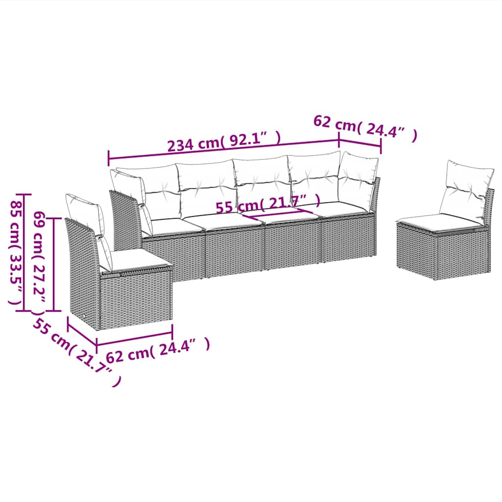 6-delige Loungeset met kussens poly rattan zwart – afbeelding 3