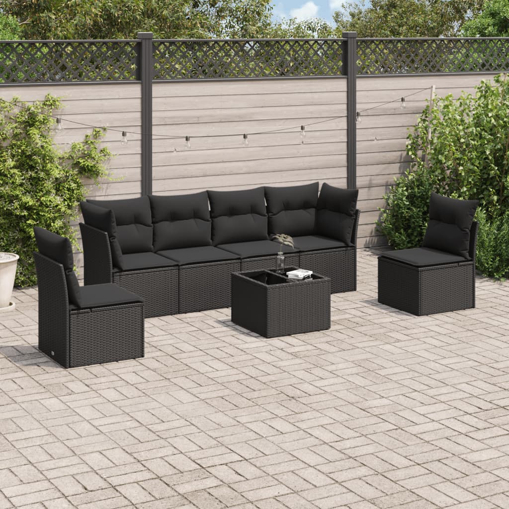 7-delige Loungeset met kussens poly rattan zwart – afbeelding 1