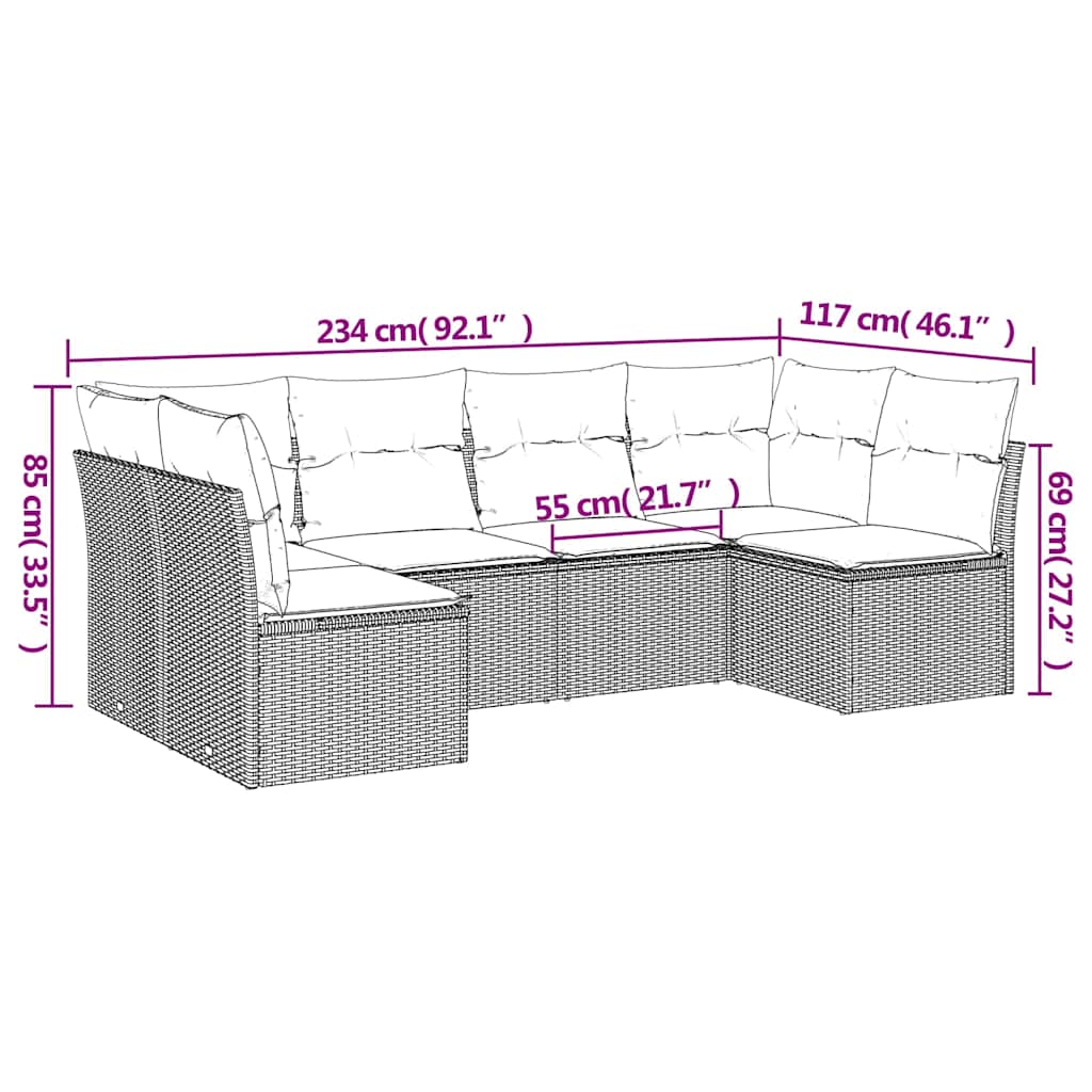6-delige Loungeset met kussens poly rattan zwart – afbeelding 3