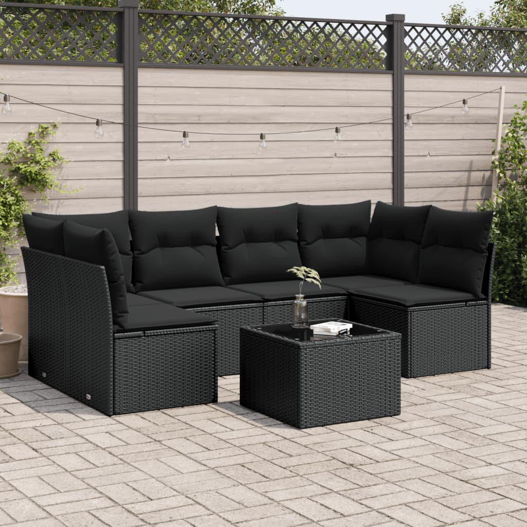 7-delige Loungeset met kussens poly rattan zwart – afbeelding 1