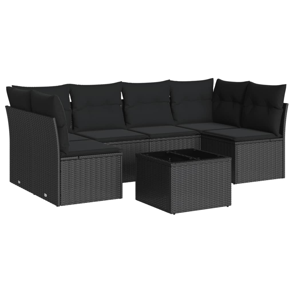7-delige Loungeset met kussens poly rattan zwart – afbeelding 2