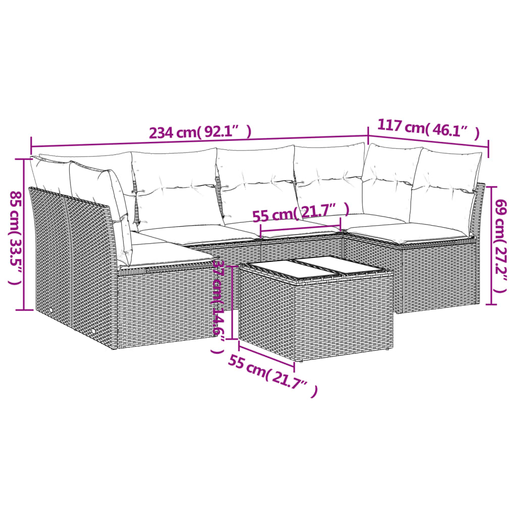 7-delige Loungeset met kussens poly rattan zwart – afbeelding 3
