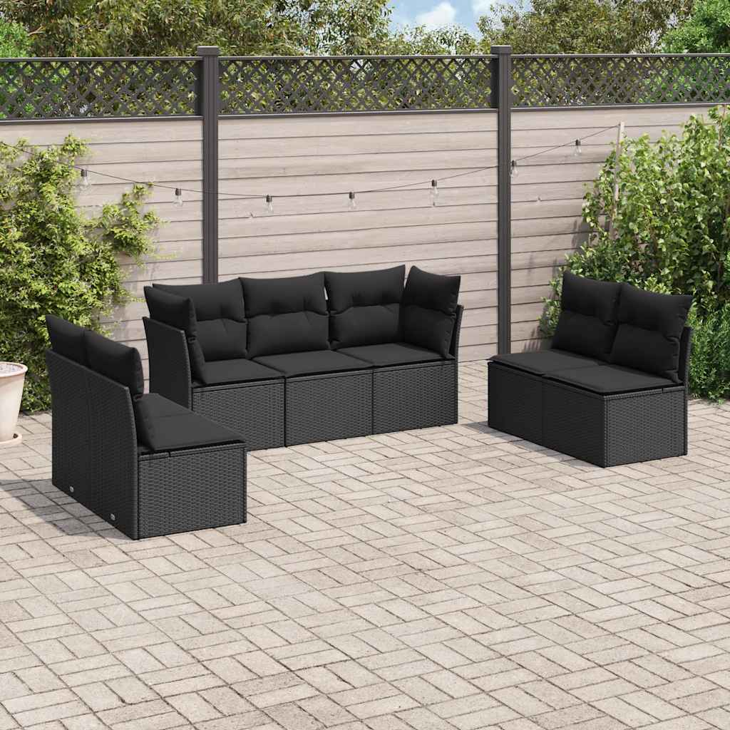7-delige Loungeset met kussens poly rattan zwart – afbeelding 1