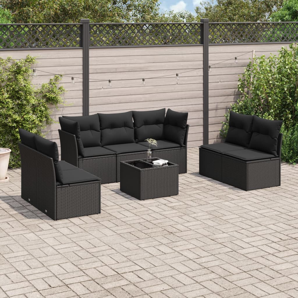8-delige Loungeset met kussens poly rattan zwart – afbeelding 1