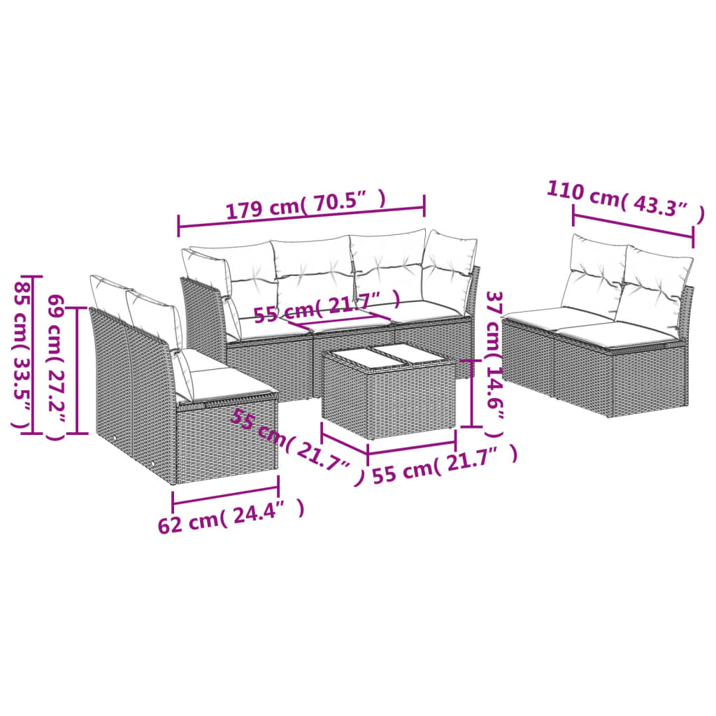 8-delige Loungeset met kussens poly rattan zwart – afbeelding 3