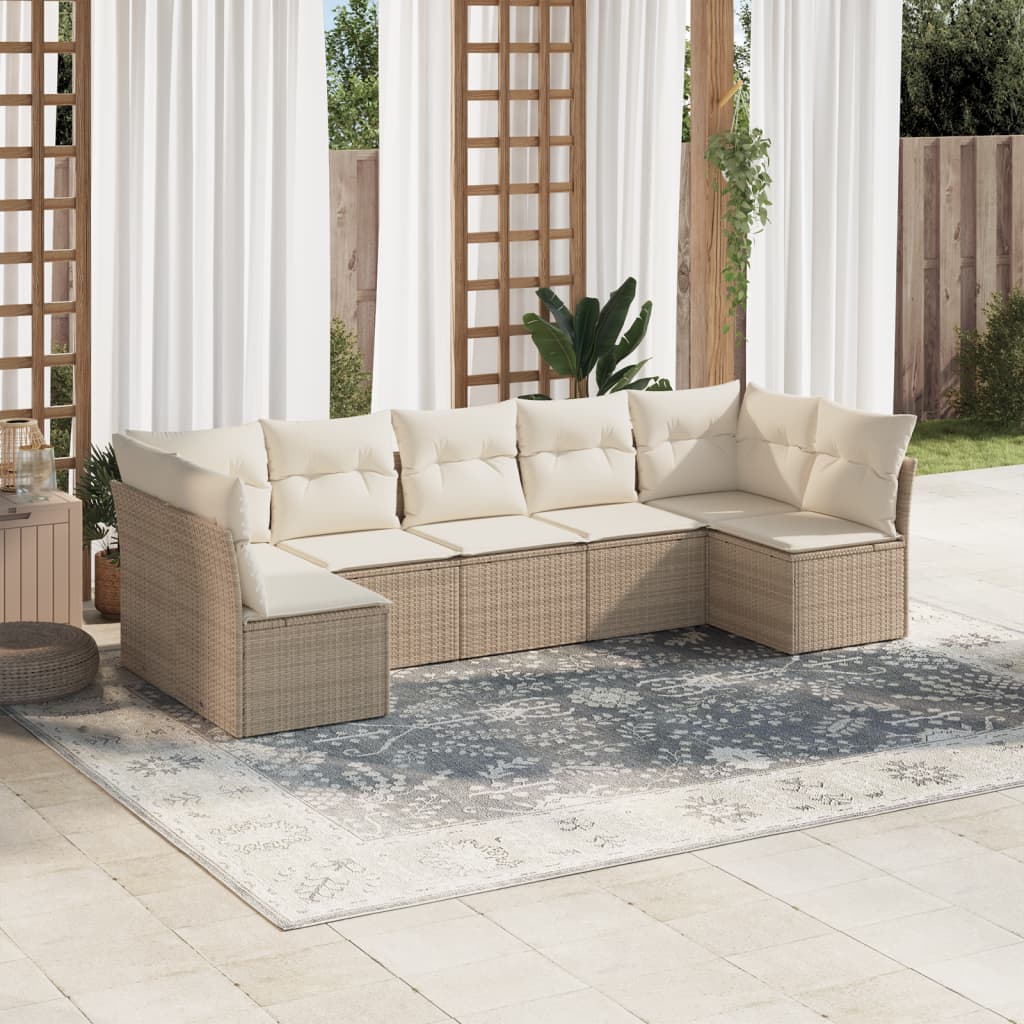 7-delige Loungeset met kussens poly rattan beige – afbeelding 1