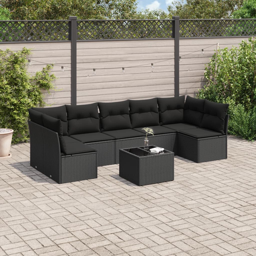 8-delige Loungeset met kussens poly rattan zwart – afbeelding 1