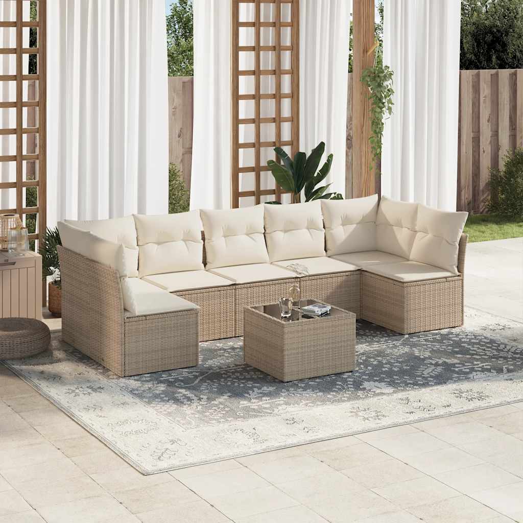 8-delige Loungeset met kussens poly rattan beige – afbeelding 1