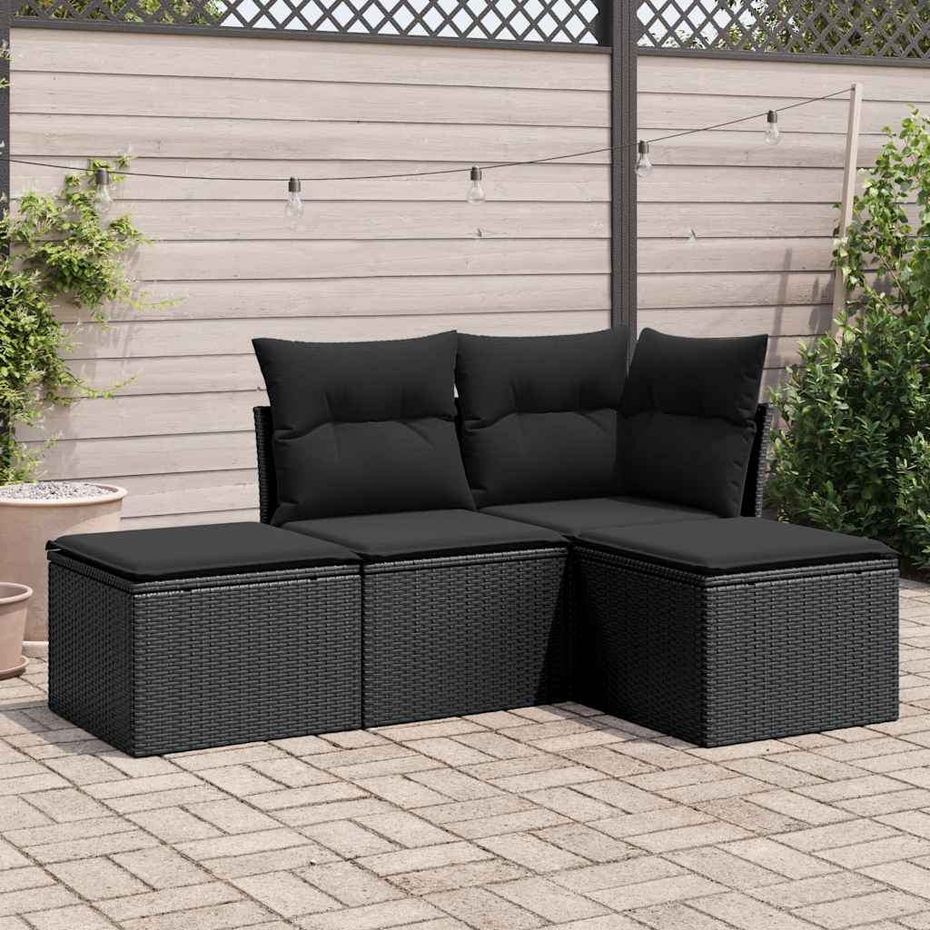 4-delige Loungeset met kussens poly rattan zwart – afbeelding 1