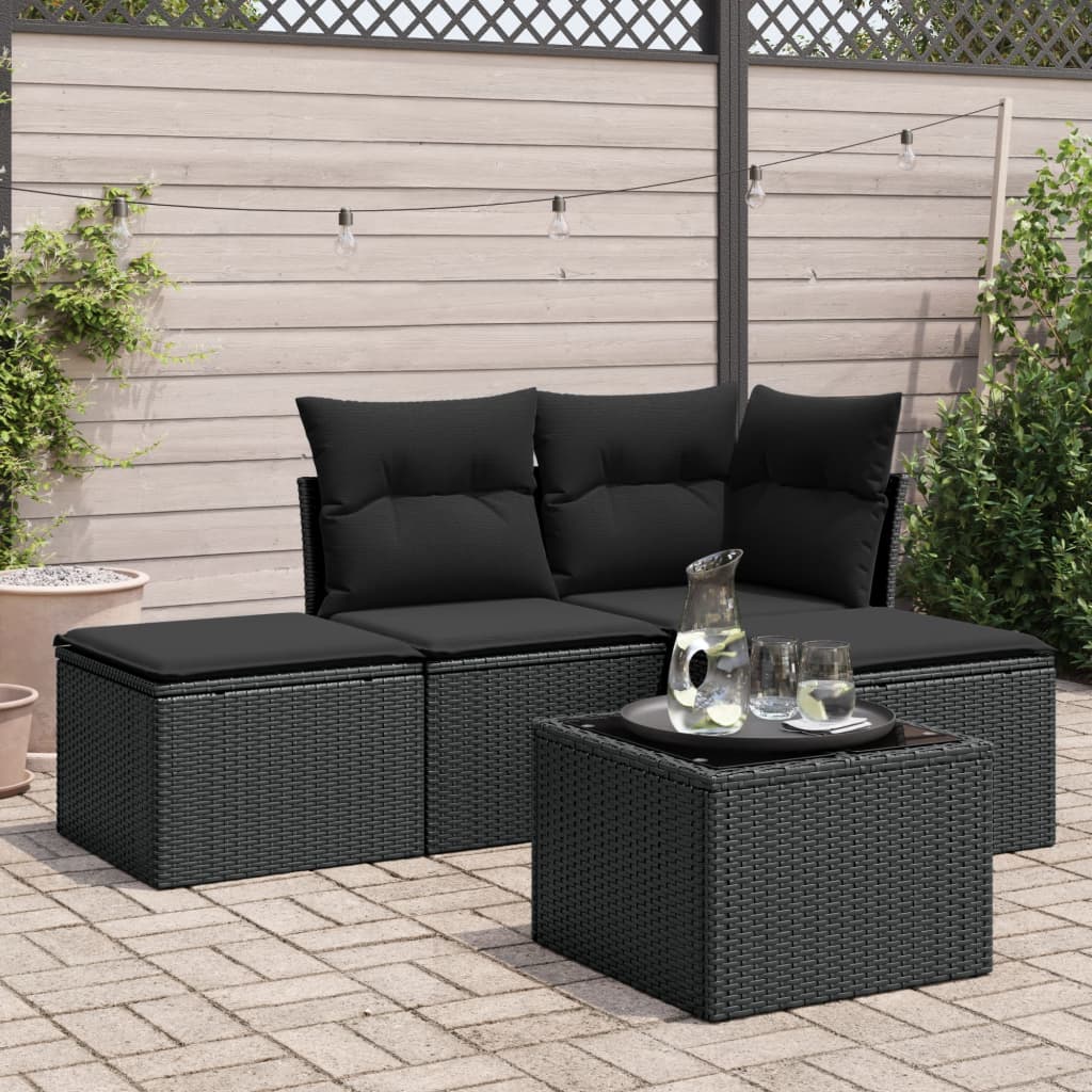 5-delige Loungeset met kussens poly rattan zwart – afbeelding 1