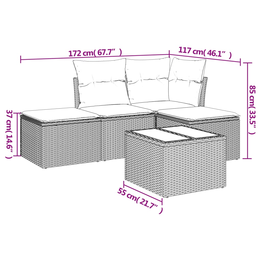 5-delige Loungeset met kussens poly rattan zwart – afbeelding 3