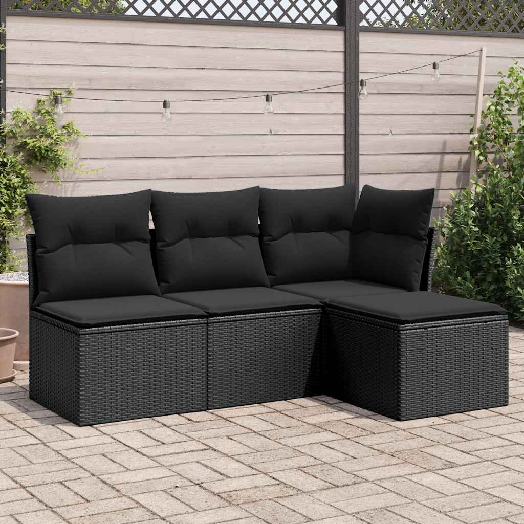 4-delige Loungeset met kussens poly rattan zwart – afbeelding 1
