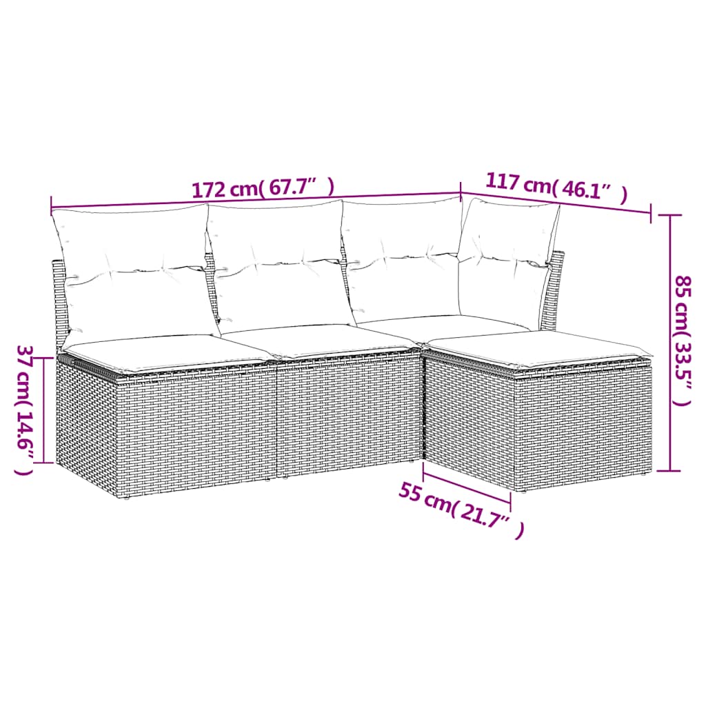 4-delige Loungeset met kussens poly rattan zwart – afbeelding 3