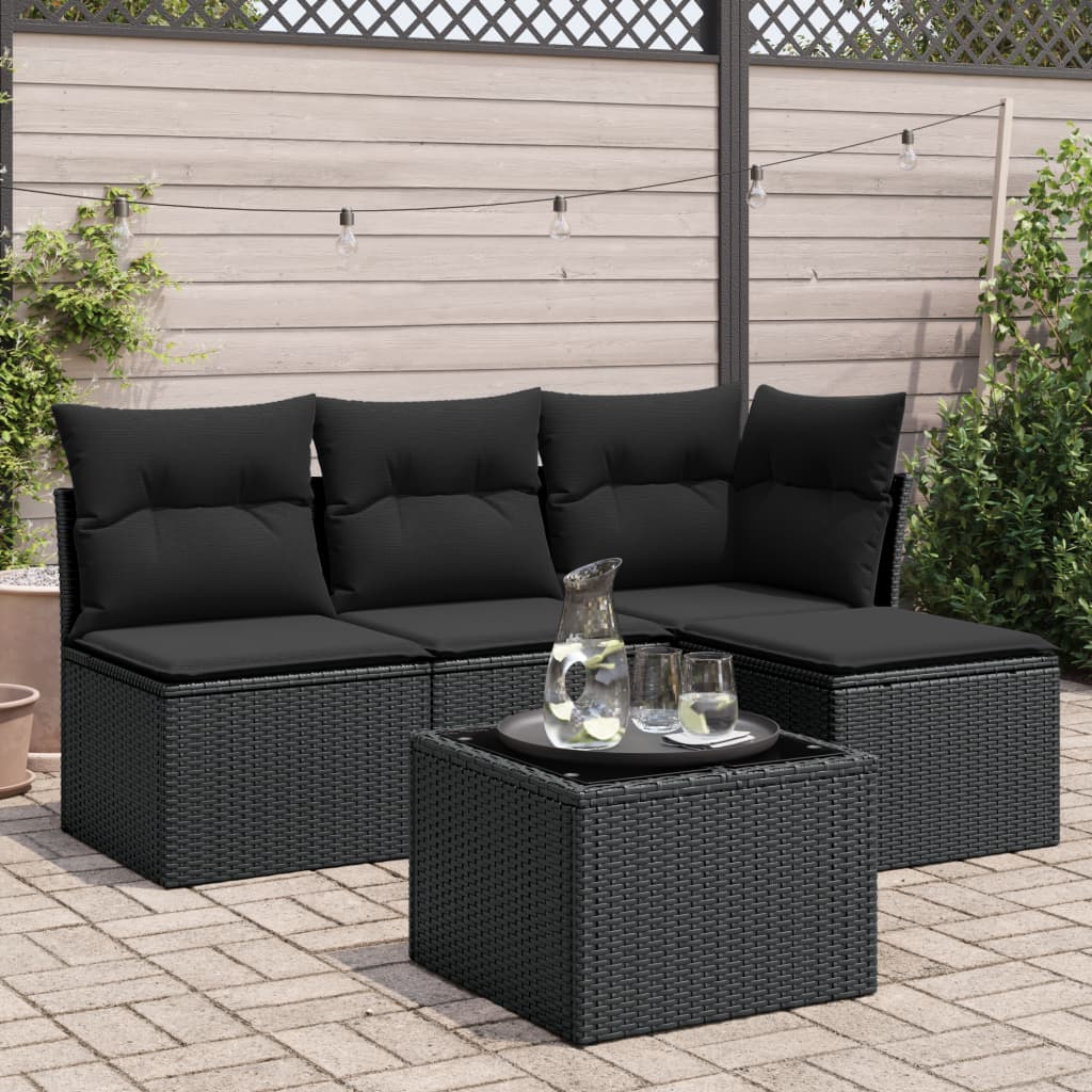 5-delige Loungeset met kussens poly rattan zwart – afbeelding 1