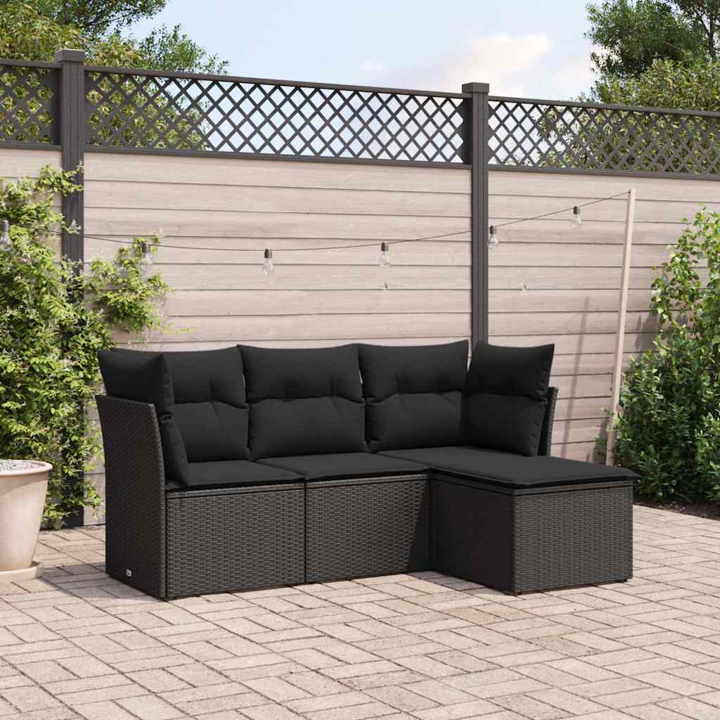 4-delige Loungeset met kussens poly rattan zwart – afbeelding 1