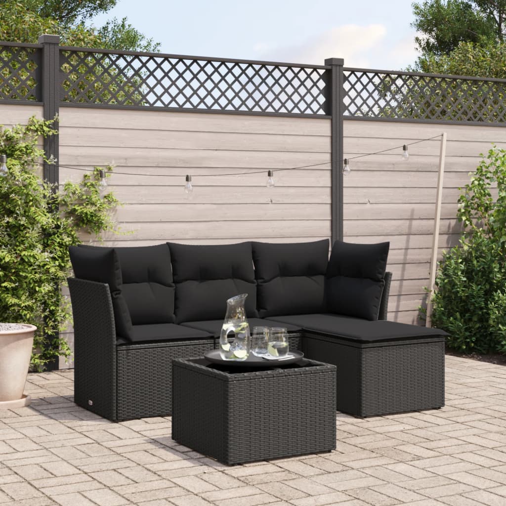 5-delige Loungeset met kussens poly rattan zwart – afbeelding 1