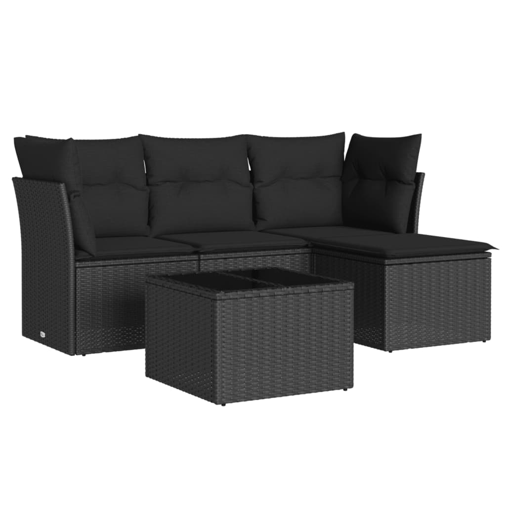 5-delige Loungeset met kussens poly rattan zwart – afbeelding 2