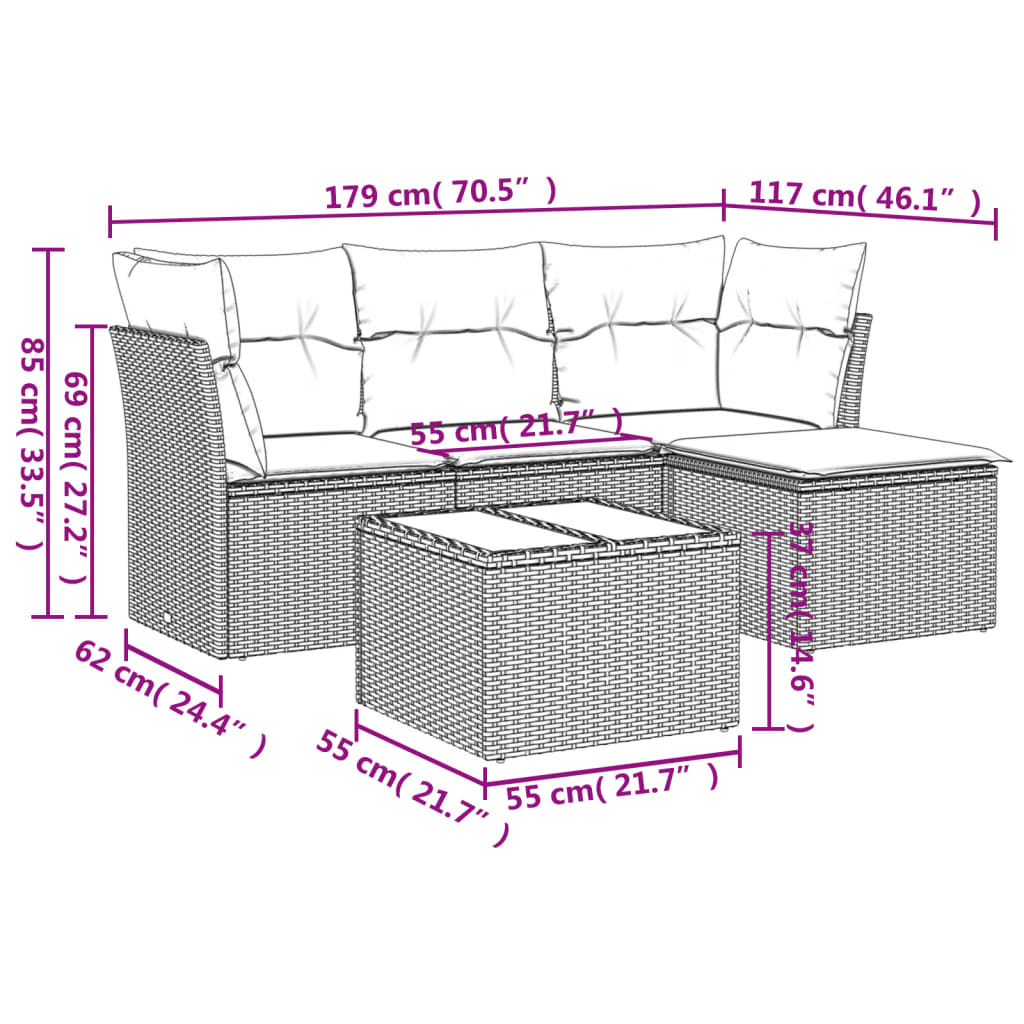 5-delige Loungeset met kussens poly rattan zwart – afbeelding 3