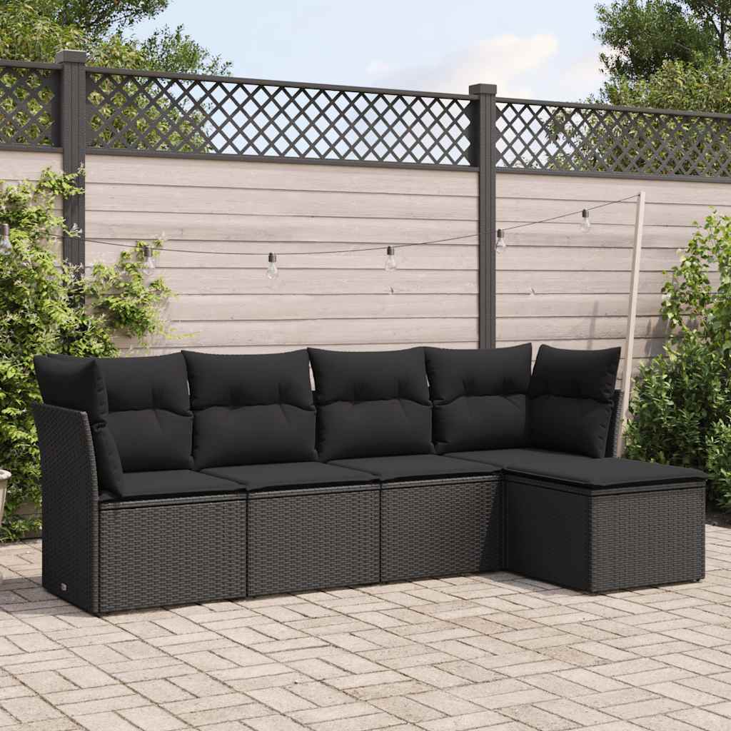 5-delige Loungeset met kussens poly rattan zwart – afbeelding 1
