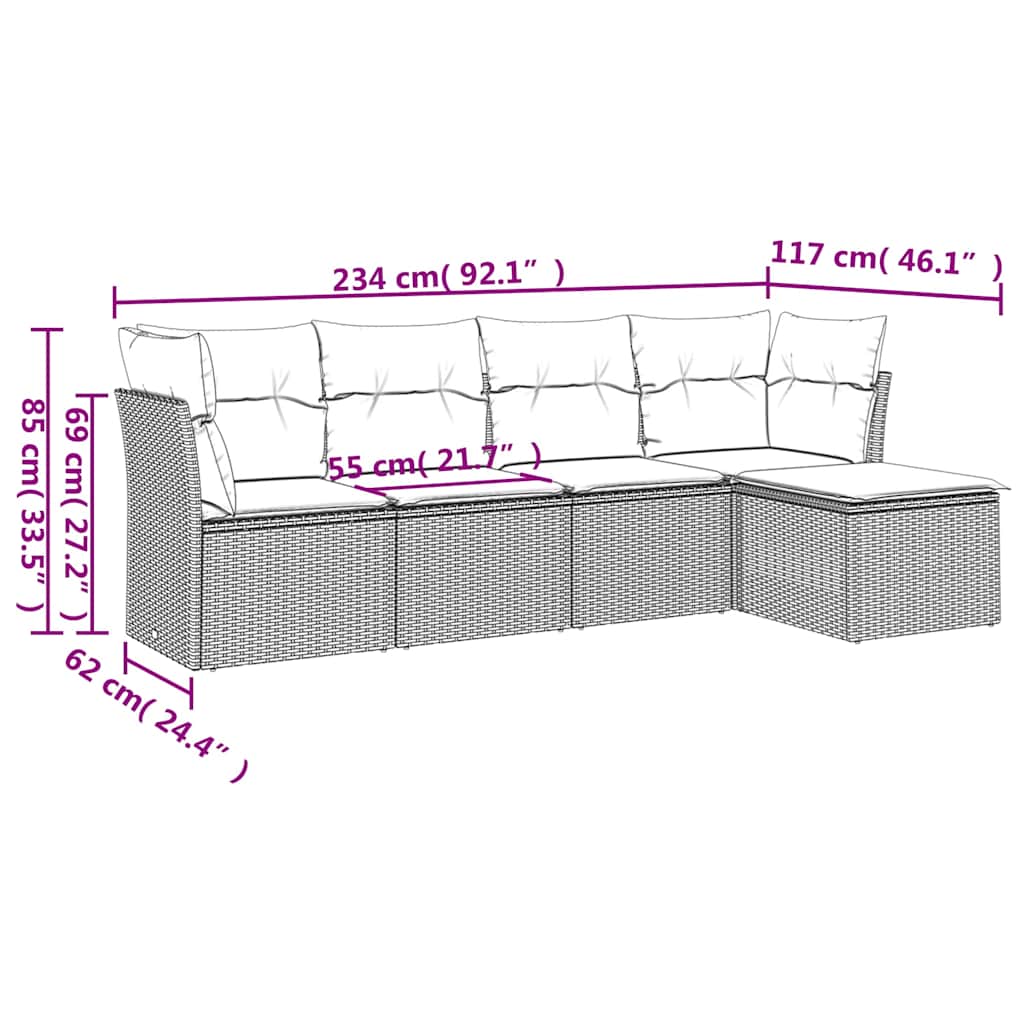 5-delige Loungeset met kussens poly rattan zwart – afbeelding 3