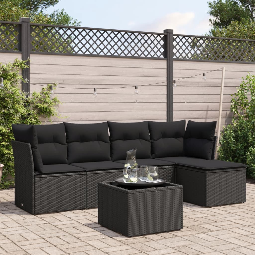 6-delige Loungeset met kussens poly rattan zwart – afbeelding 1