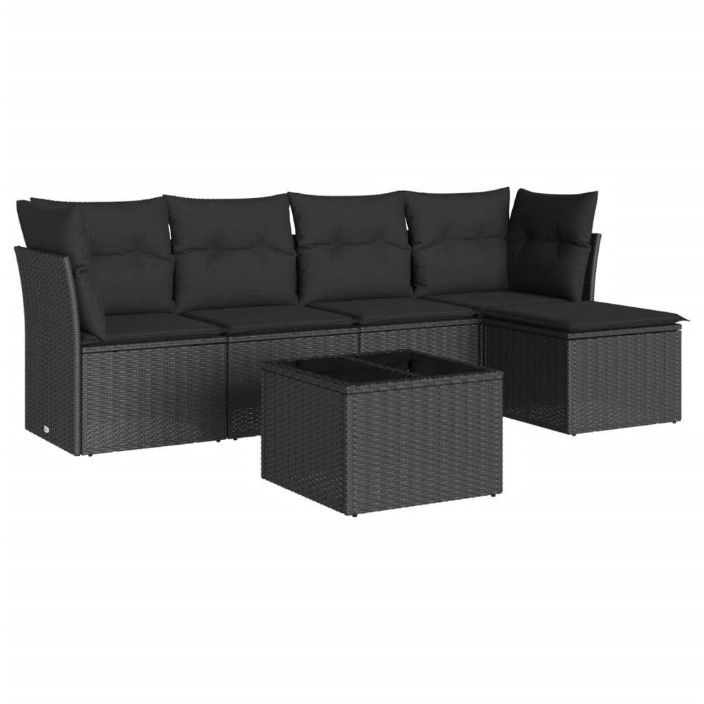 6-delige Loungeset met kussens poly rattan zwart – afbeelding 2