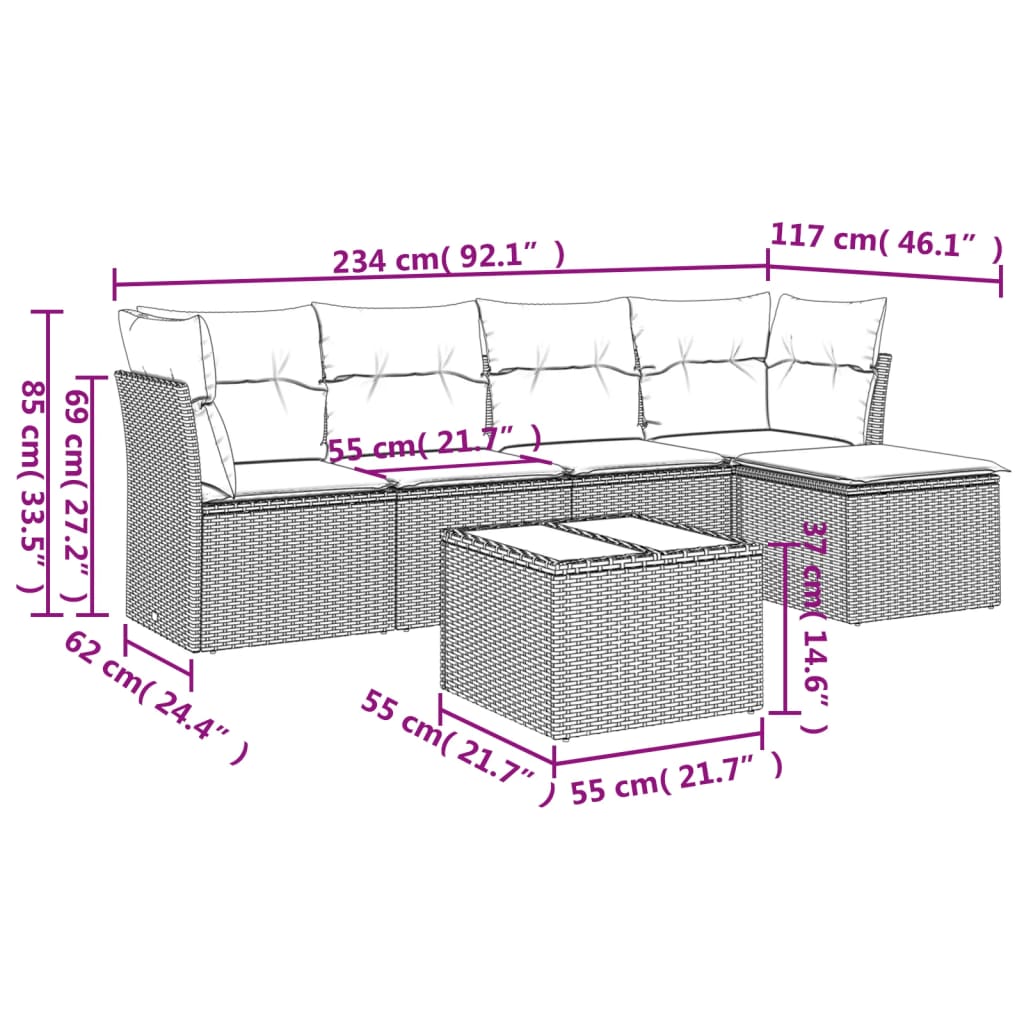 6-delige Loungeset met kussens poly rattan zwart – afbeelding 3