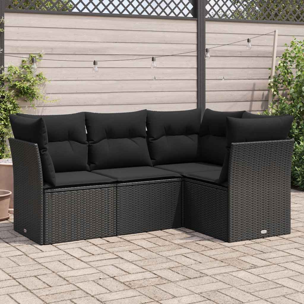 4-delige Loungeset met kussens poly rattan zwart – afbeelding 1
