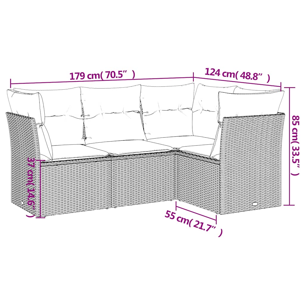 4-delige Loungeset met kussens poly rattan zwart – afbeelding 3