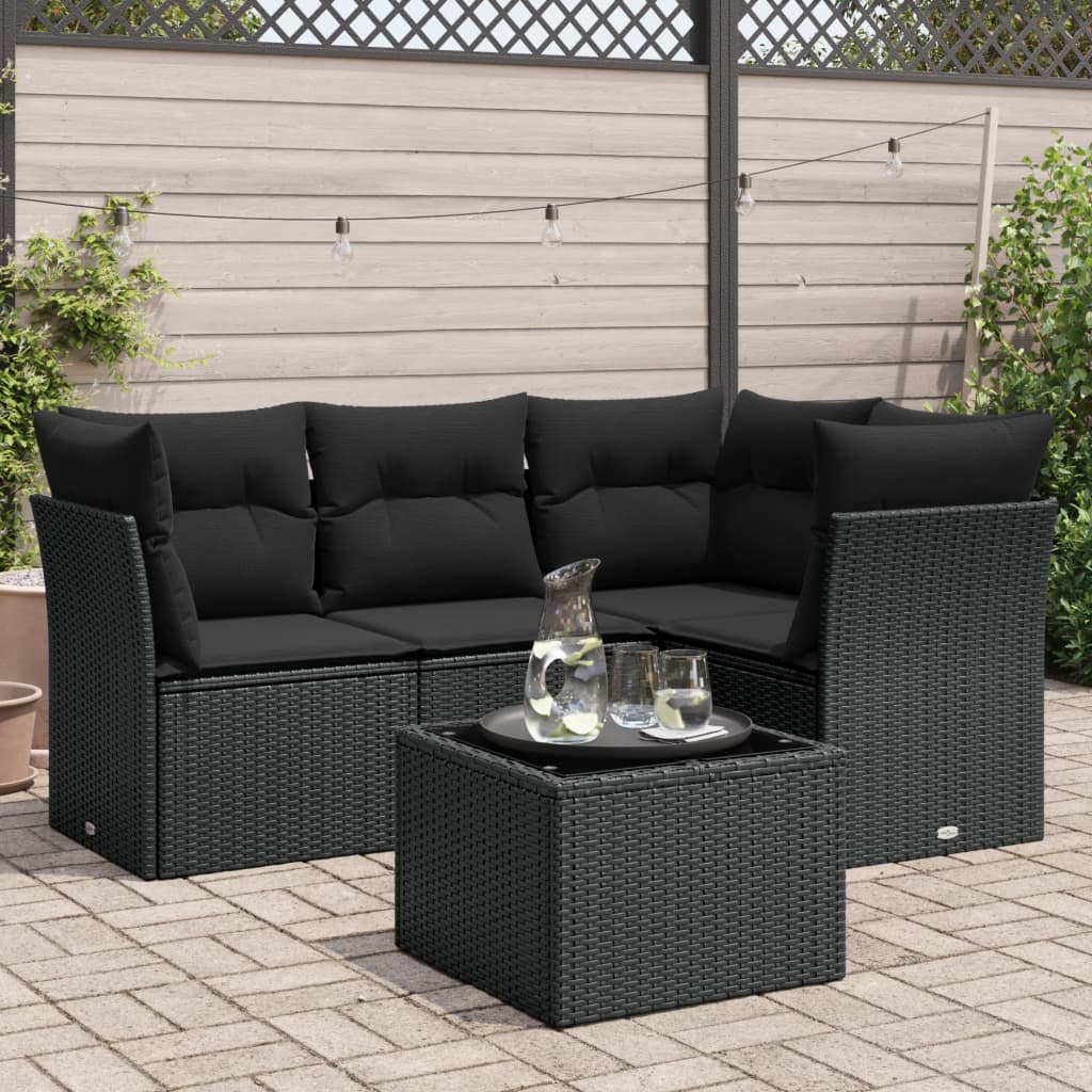 5-delige Loungeset met kussens poly rattan zwart – afbeelding 1