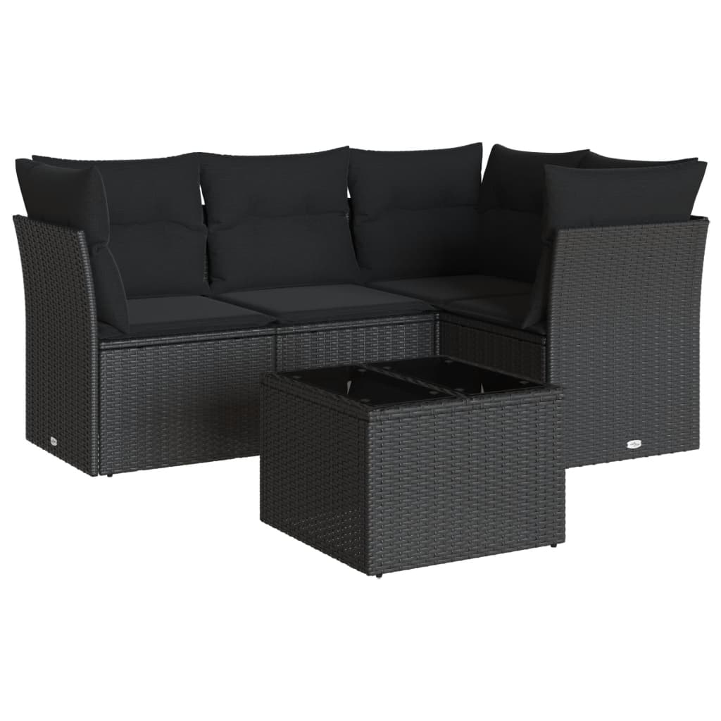 5-delige Loungeset met kussens poly rattan zwart – afbeelding 2