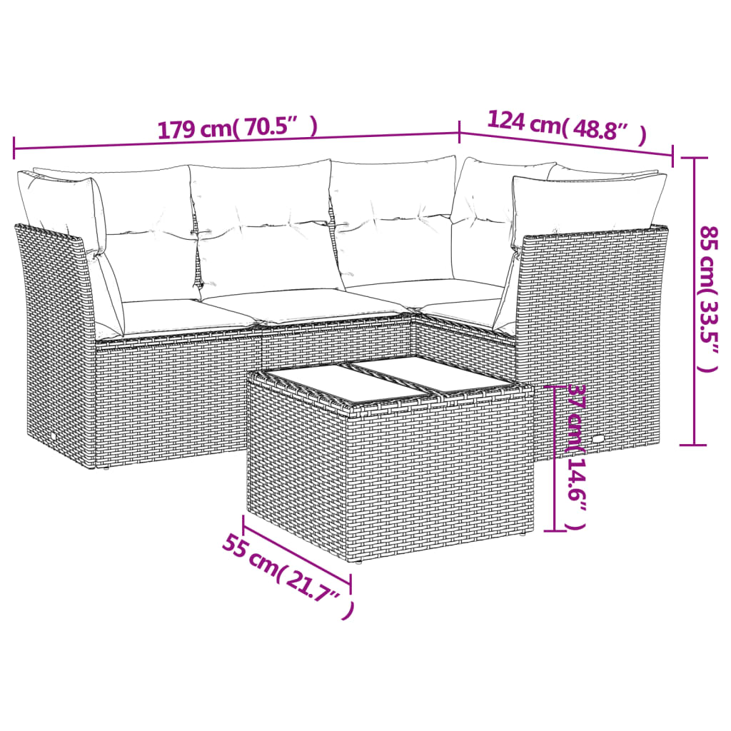 5-delige Loungeset met kussens poly rattan zwart – afbeelding 3