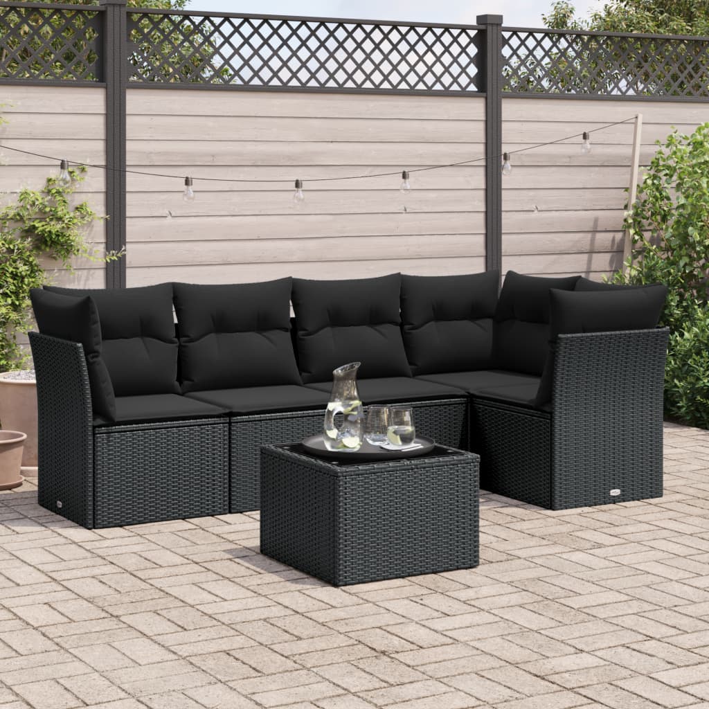 6-delige Loungeset met kussens poly rattan zwart – afbeelding 1
