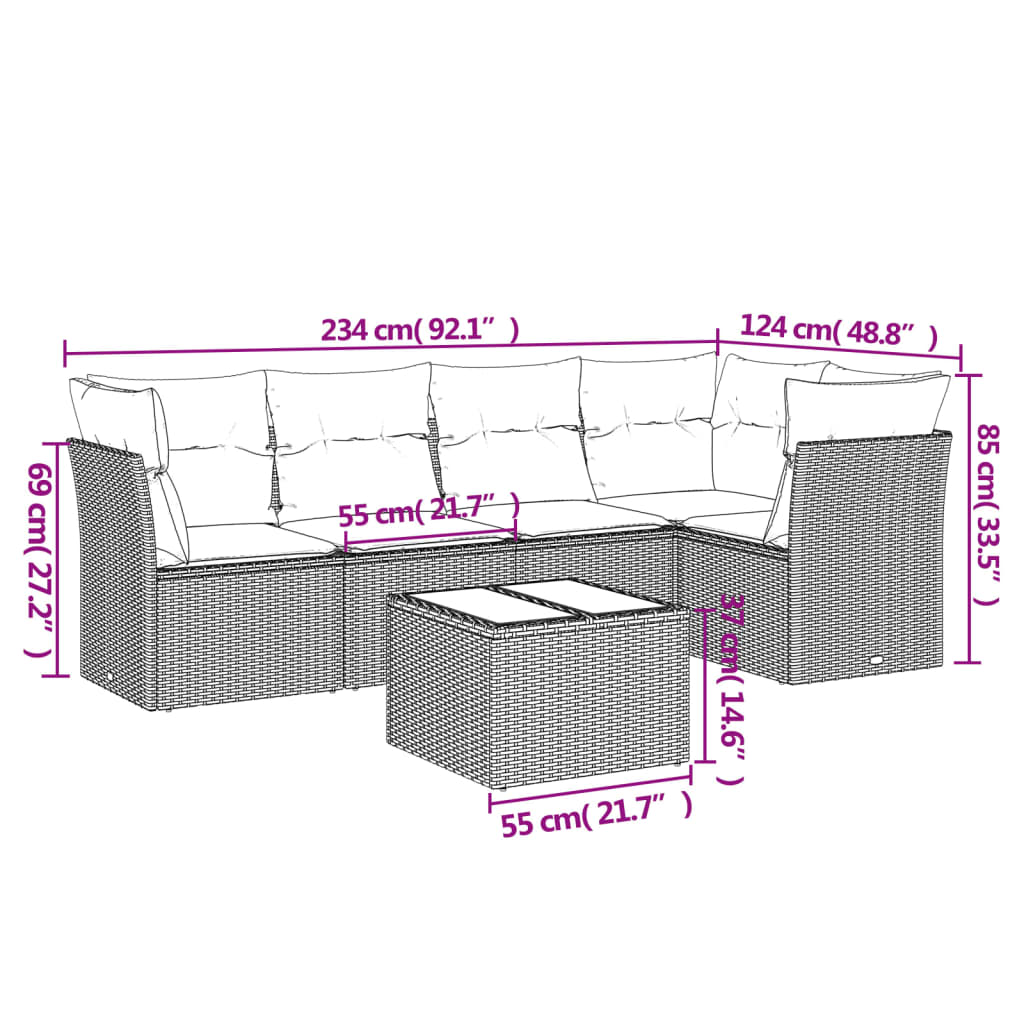 6-delige Loungeset met kussens poly rattan zwart – afbeelding 3