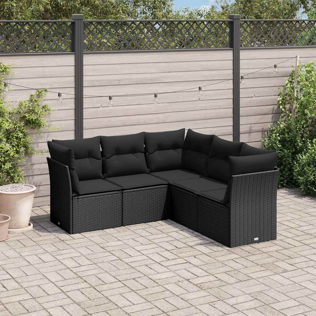 5-delige Loungeset met kussens poly rattan zwart – afbeelding 1
