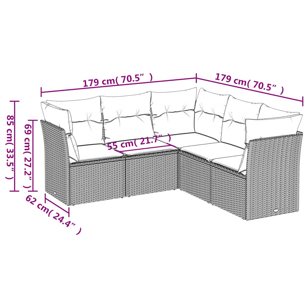 5-delige Loungeset met kussens poly rattan zwart – afbeelding 3