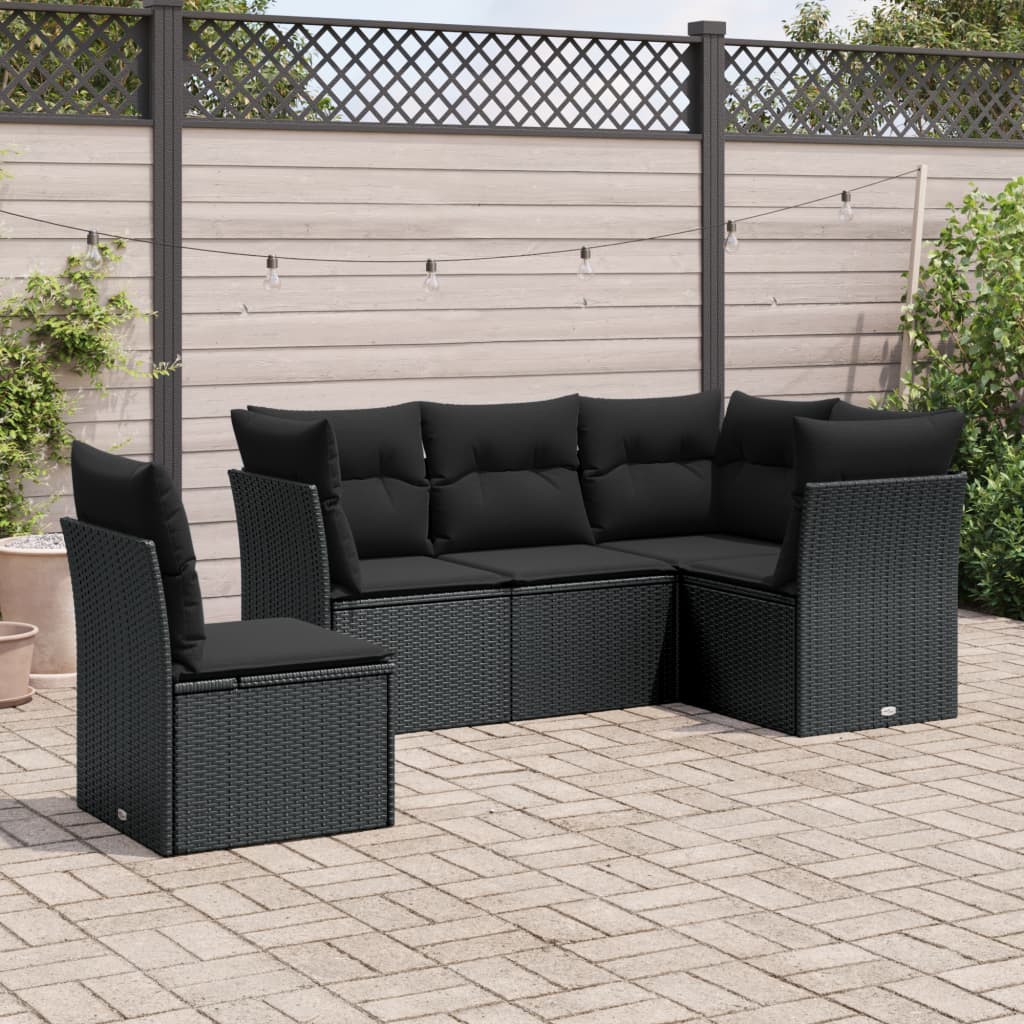 5-delige Loungeset met kussens poly rattan zwart – afbeelding 1