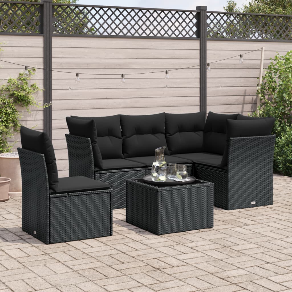 6-delige Loungeset met kussens poly rattan zwart – afbeelding 1
